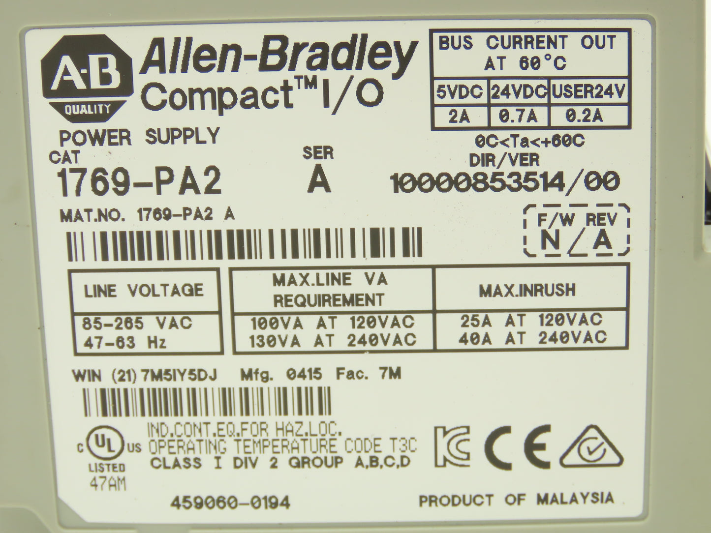 Allen Bradley 1769-PA2 Compact I/O Power Supply Series A w/Terminator End Cap