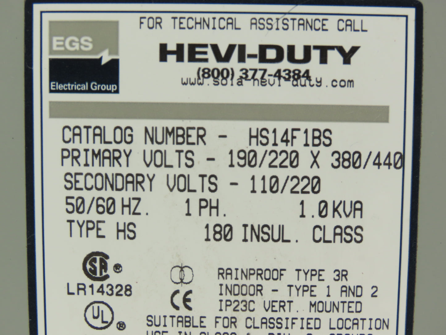 EGS Hevi-Duty HS14F1BS Transformer 1KVA HV: 190/220V x 380/440V LV: 110/220V 1PH