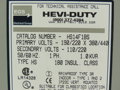 EGS Hevi-Duty HS14F1BS Transformer 1KVA HV: 190/220V x 380/440V LV: 110/220V 1PH