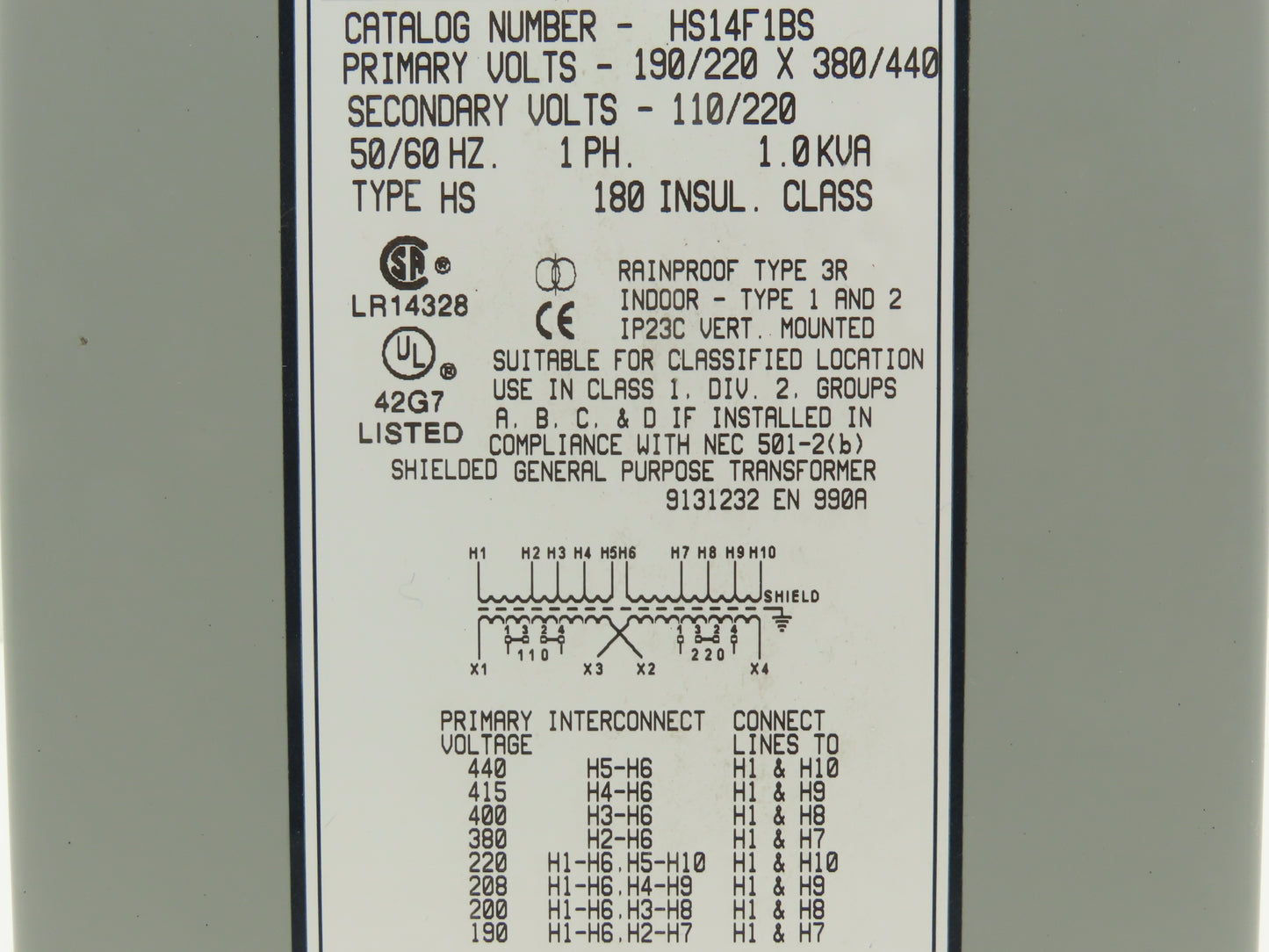 EGS Hevi-Duty HS14F1BS Transformer 1KVA HV: 190/220V x 380/440V LV: 110/220V 1PH