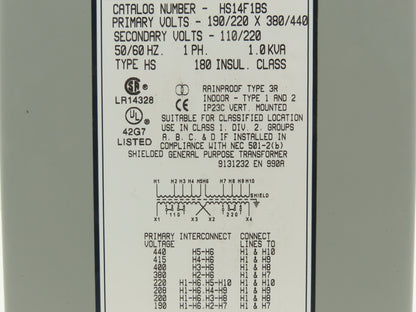 EGS Hevi-Duty HS14F1BS Transformer 1KVA HV: 190/220V x 380/440V LV: 110/220V 1PH