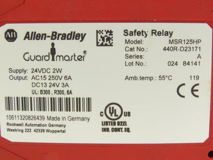Allen Bradley 440R-D23171 Guardmaster MSR125HP Safety Relay Unit 24VDC Ser A