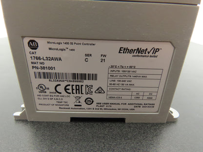 Allen Bradley 1766-L32AWA MicroLogix 1400 Controller Module 32Pt Series C. FW 21