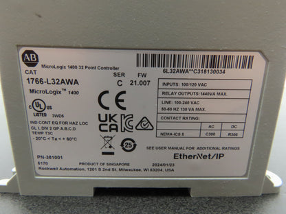 Allen Bradley 1766-L32AWA MicroLogix 1400 Controller Module 32Pt Ser C FW 21.007