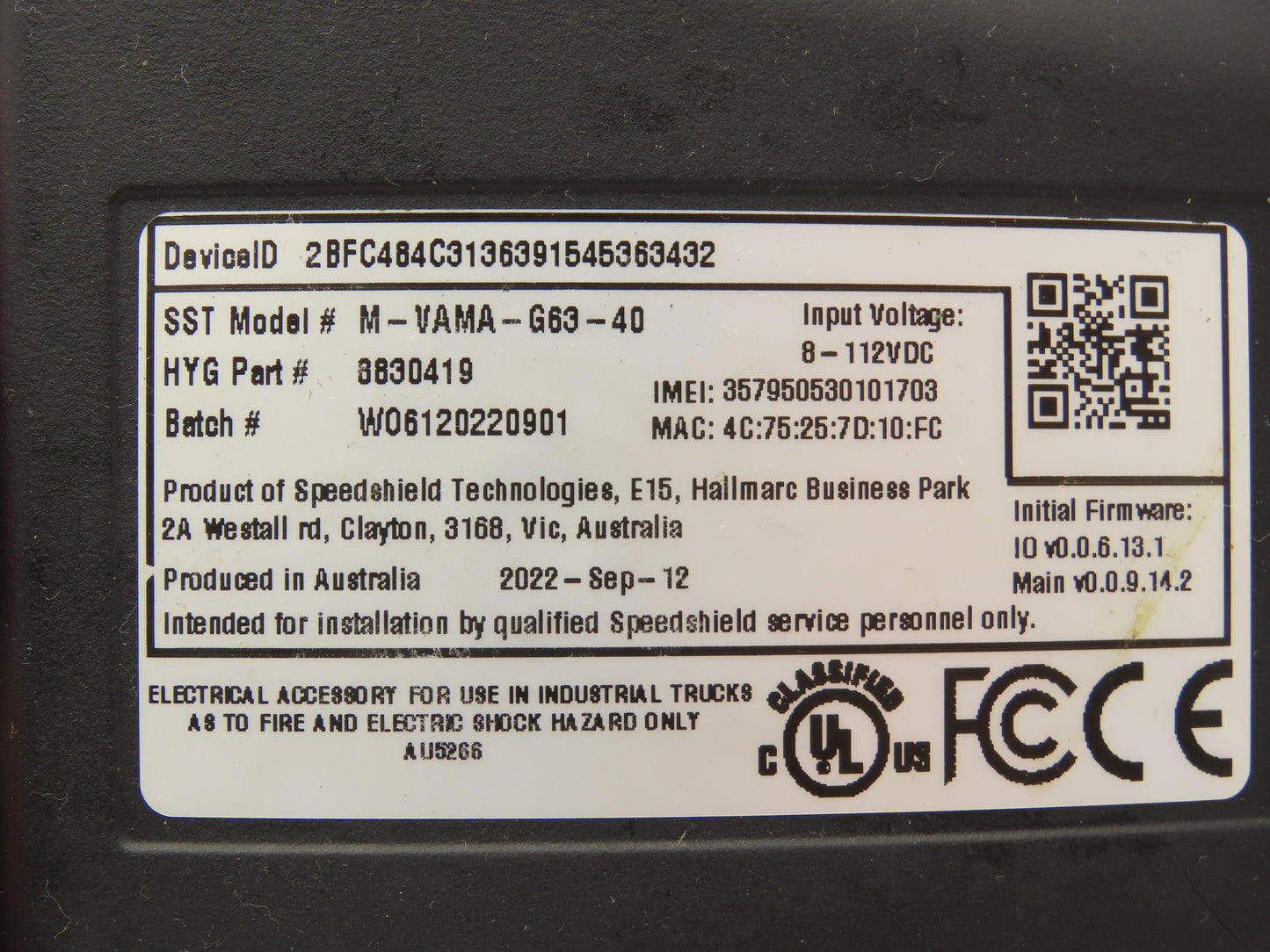 Speedshield M-VAMA-G63-40 Velocity Asset Manager Module Off Hyster E80XN