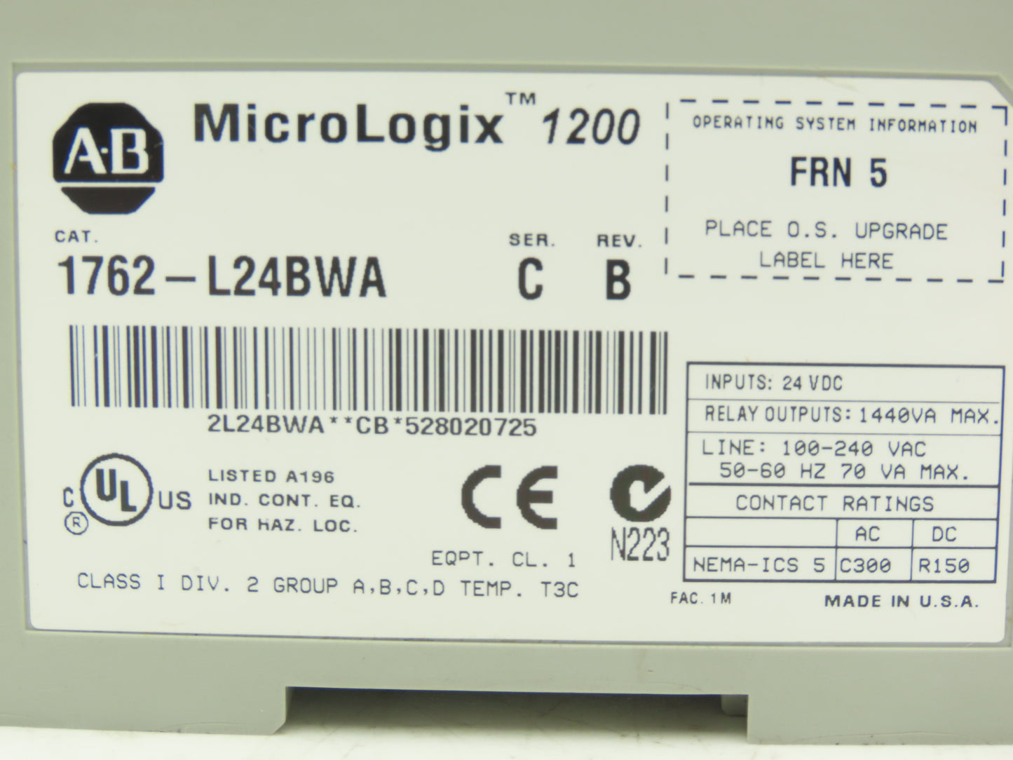 Allen Bradley 1762-L24BWA MicroLogix 1200 PLC Controller I/O Module Ser C Rev B
