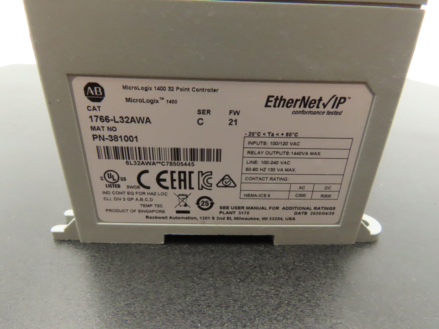 Allen Bradley 1766-L32AWA MicroLogix 1400 Controller Module 32Pt Series C FW 21