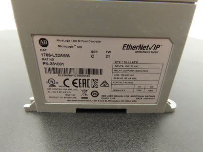 Allen Bradley 1766-L32AWA MicroLogix 1400 Controller Module 32Pt Series C FW 21