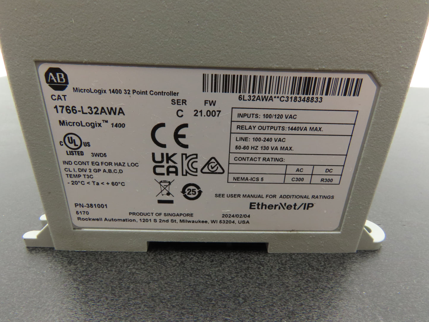Allen Bradley 1766-L32AWA MicroLogix 1400 Controller Module 32Pt Ser C FW 21.007