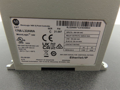 Allen Bradley 1766-L32AWA MicroLogix 1400 Controller Module 32Pt Ser C FW 21.007