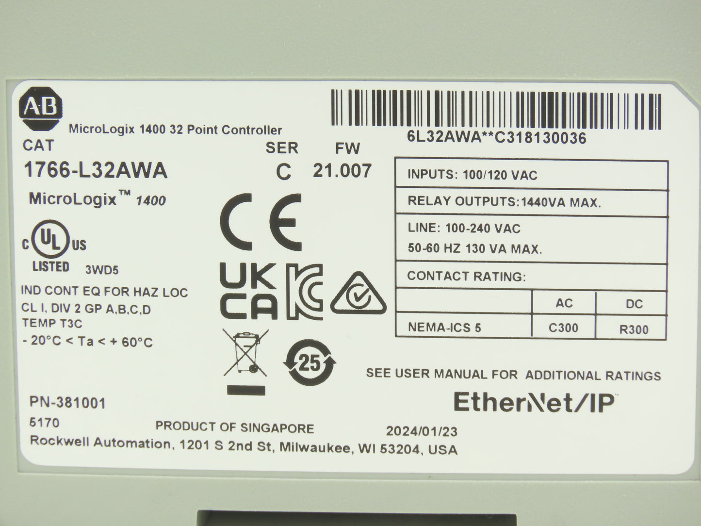 Allen Bradley 1766-L32AWA MicroLogix 1400 Controller Module 32Pt Ser C FW 21.007