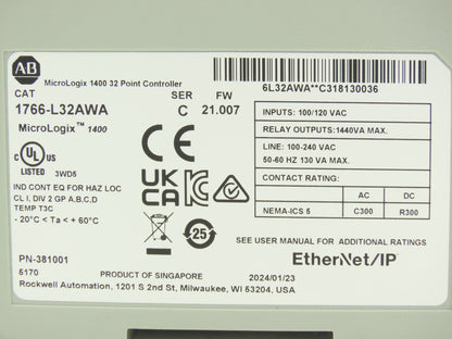 Allen Bradley 1766-L32AWA MicroLogix 1400 Controller Module 32Pt Ser C FW 21.007