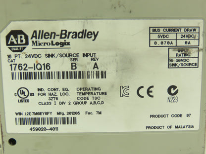 Allen Bradley 1762-IQ16 MicroLogix Sink/Source Input 16 Pt Lot of 2