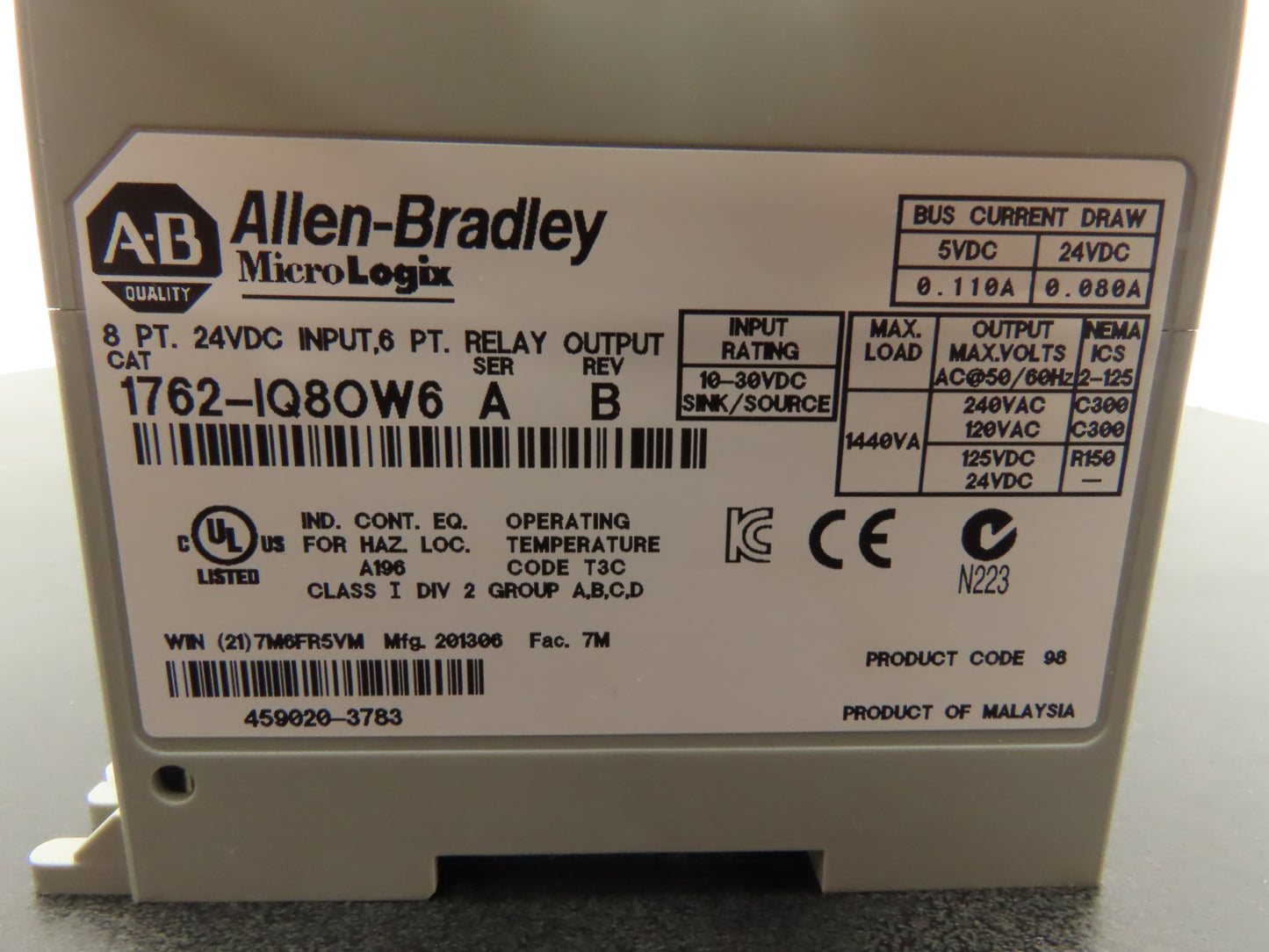 Allen Bradley 1762-IQ8OW6 MicroLogix 8 Pt 24VDC Input 8 Pt Relay Output Module