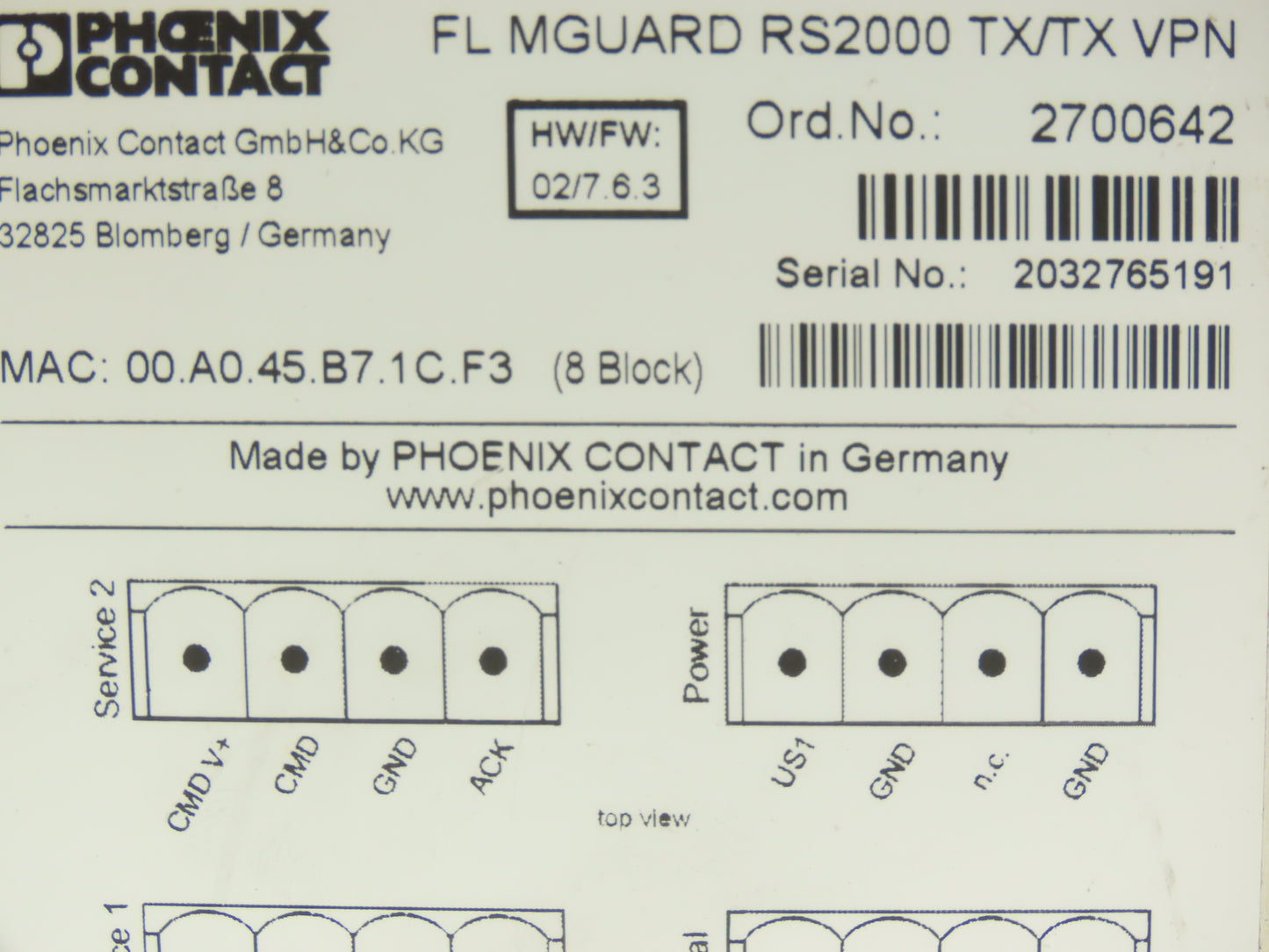 Phoenix Contact FL MGUARD RS2000 TX/TX VPN PLC Remote Router Module