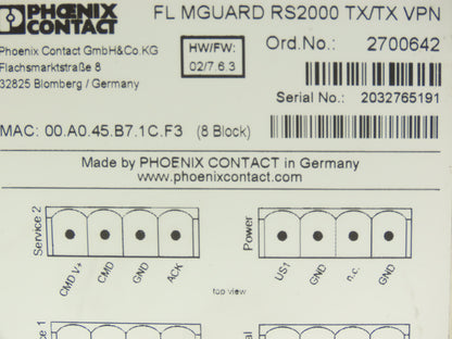 Phoenix Contact FL MGUARD RS2000 TX/TX VPN PLC Remote Router Module