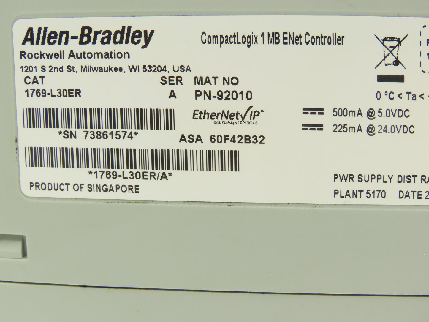 Allen Bradley 1769-L30ER CompactLogix 1MB Ethernet Controller Ser A FW 1.002