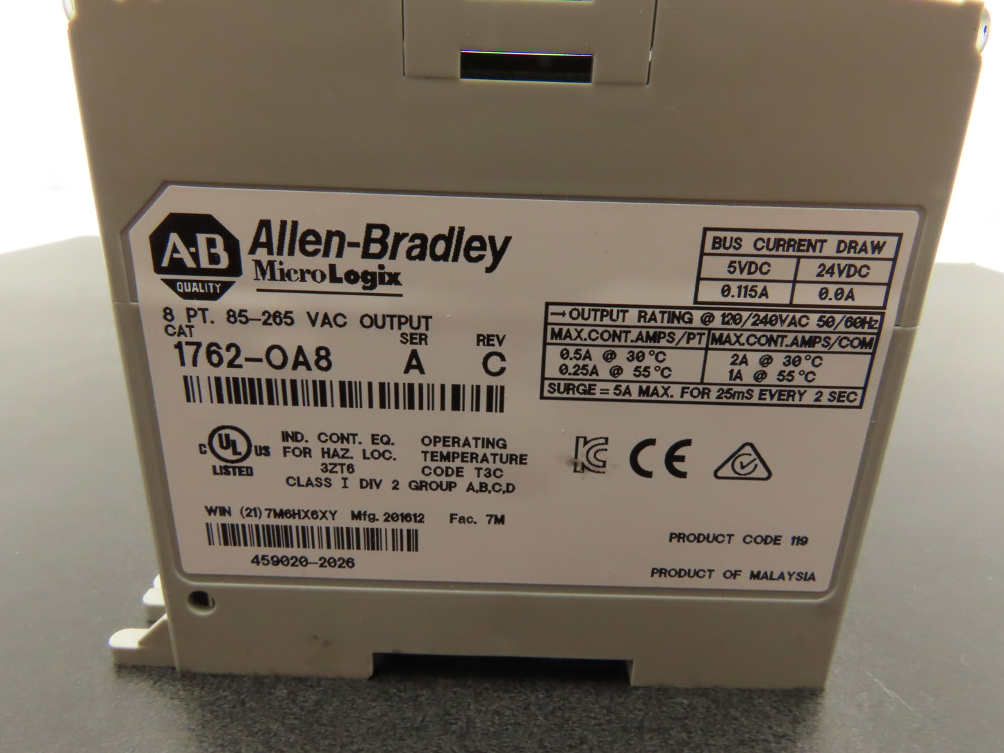 Allen Bradley 1762-OA8 MicroLogix 1200 8Pt Output Module 85-265VAC Ser A Rev C