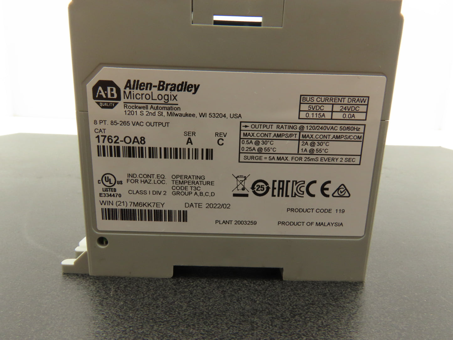 Allen Bradley 1762-OA8 MicroLogix 1200 8Pt Output Module 85-265VAC Ser A Rev C