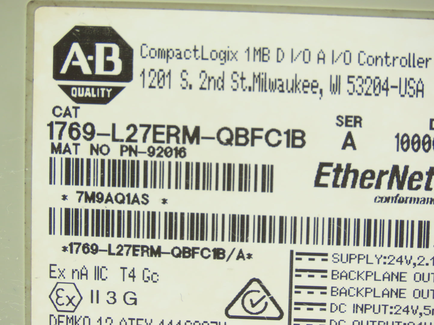 Allen Bradley 1769-L27ERM-QBFC1B CompactLogix 1MB L2 Ethernet Controller Ser A