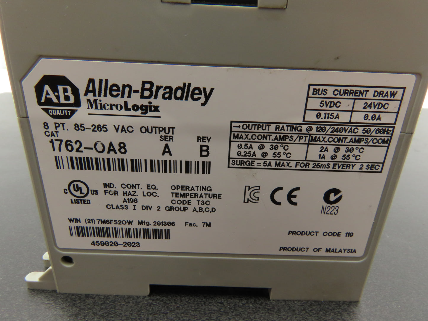 Allen Bradley 1762-OA8 MicroLogix 1200 8Pt Output Module 85-265VAC Ser A Rev B