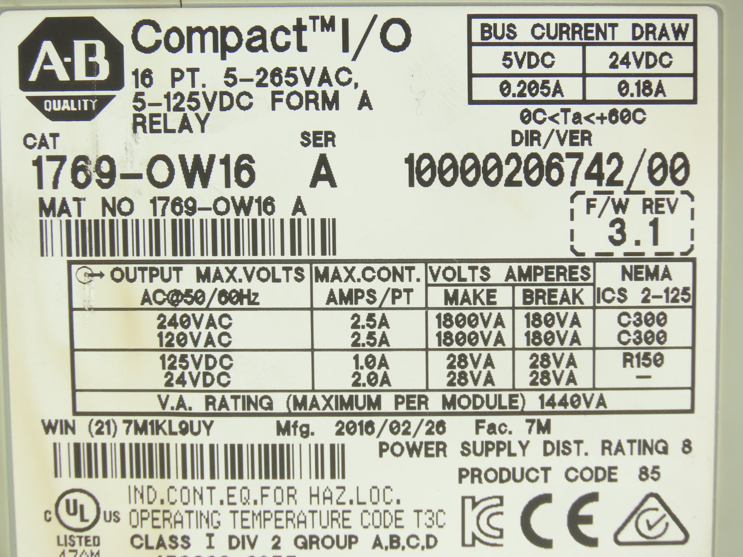 Allen Bradley 1769-OW16 Compact 16-Point Relay Output Module Series A