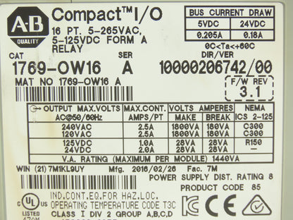 Allen Bradley 1769-OW16 Compact 16-Point Relay Output Module Series A
