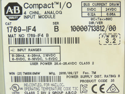 Allen Bradley 1769-IF4 Compact I/O Analog Input Module 24VDC Ser B F/W 3.2