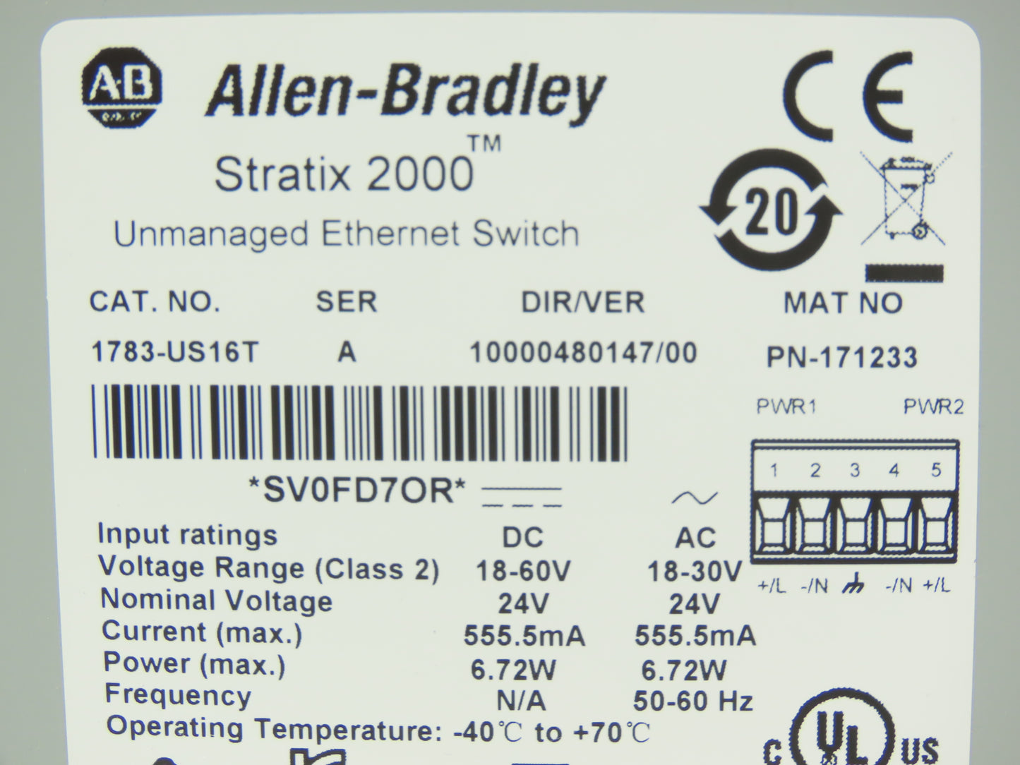Allen Bradley 1783-US16T Stratix 2000 Unmanaged Ethernet Switch 16-Port Ser A
