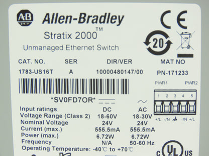 Allen Bradley 1783-US16T Stratix 2000 Unmanaged Ethernet Switch 16-Port Ser A