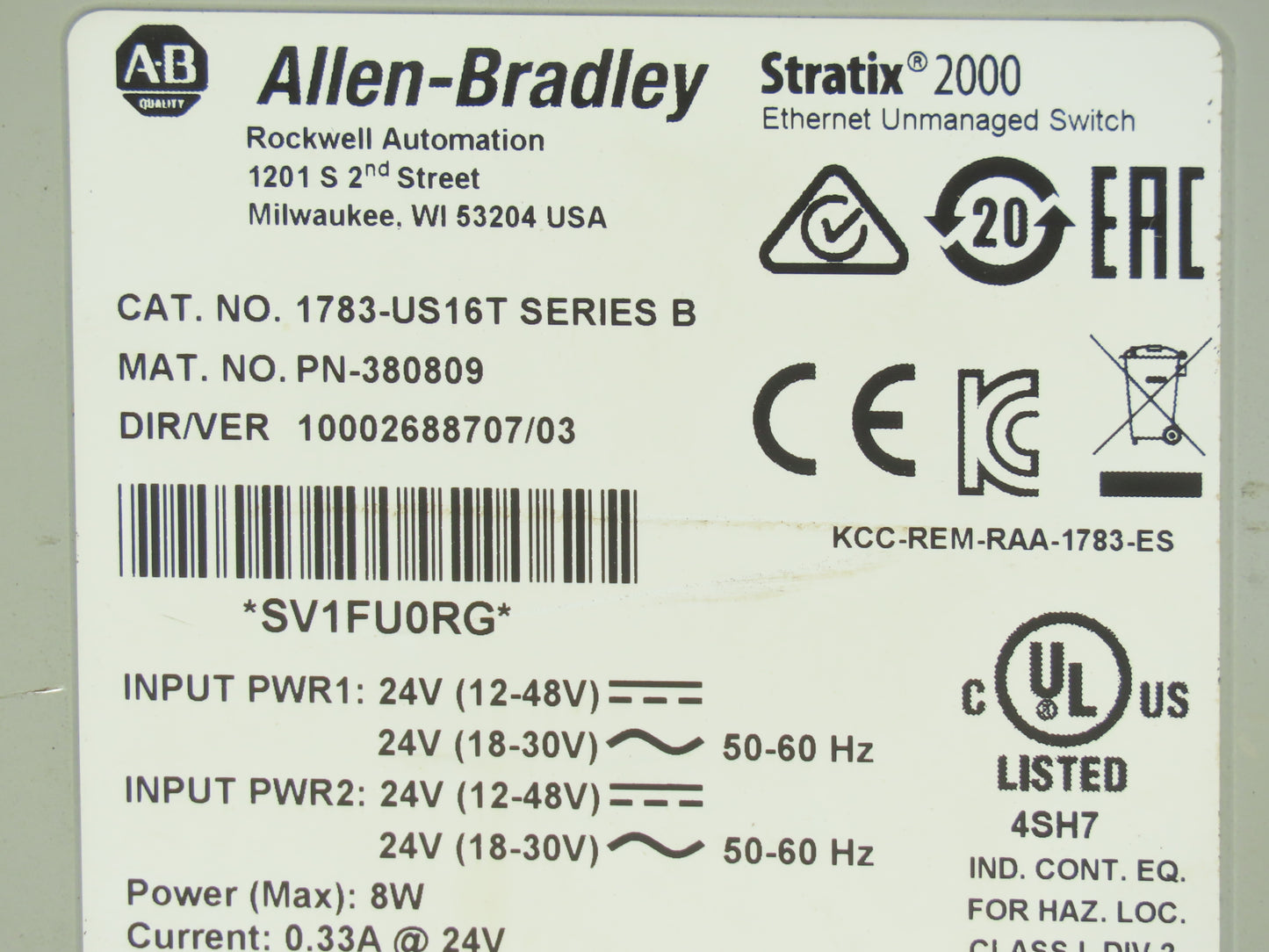 Allen Bradley 1783-US16T Stratix 2000 Unmanaged Ethernet Switch 16-Port Ser B