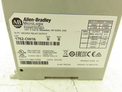 Allen Bradley 1762-OW16 MicroLogix 1200 16 Pt. VAC/VDC Relay Output Ser B Rev B