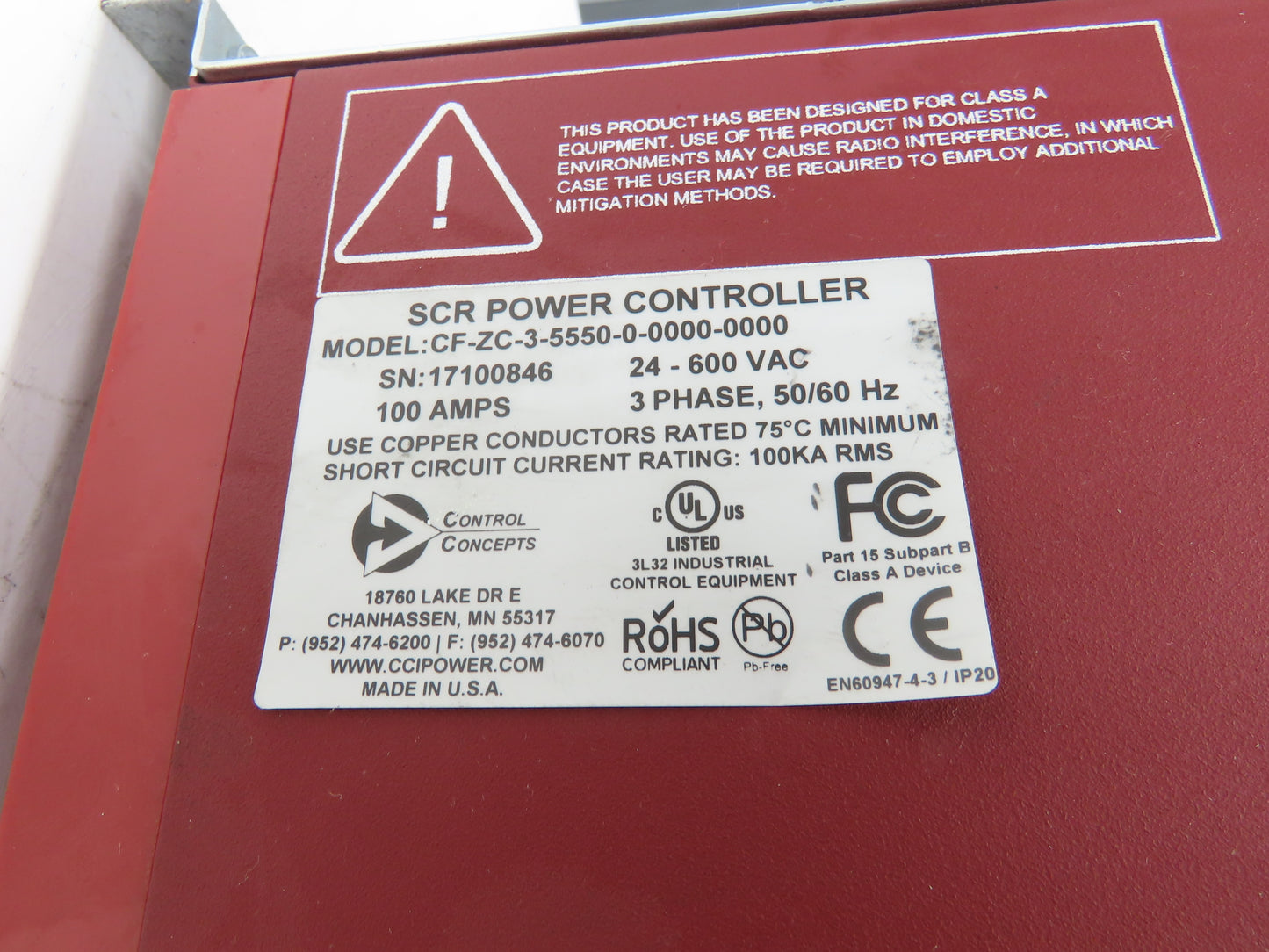 Control Concepts CF-ZC-3-5550-0-0000-0000 SCR Power Controller 100A 24-600V 3PH