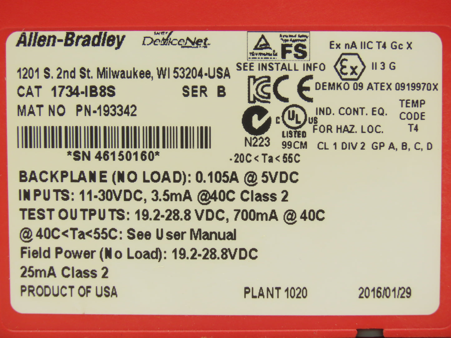 Allen Bradley 1734-IB8S Safety Module Point I/O Guard Input With Modular Base