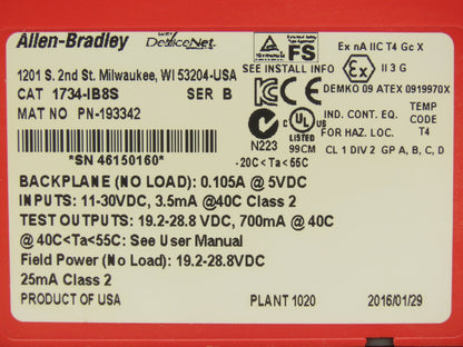 Allen Bradley 1734-IB8S Safety Module Point I/O Guard Input With Modular Base