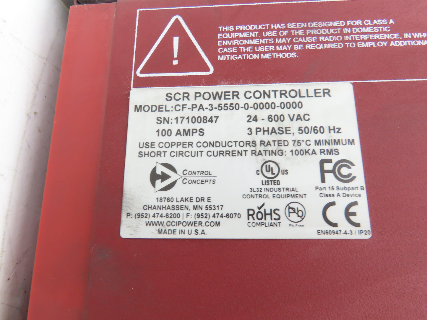 Control Concepts CF-PA-3-5550-0-0000-0000 SCR Power Controller 100A 24-600V 3PH