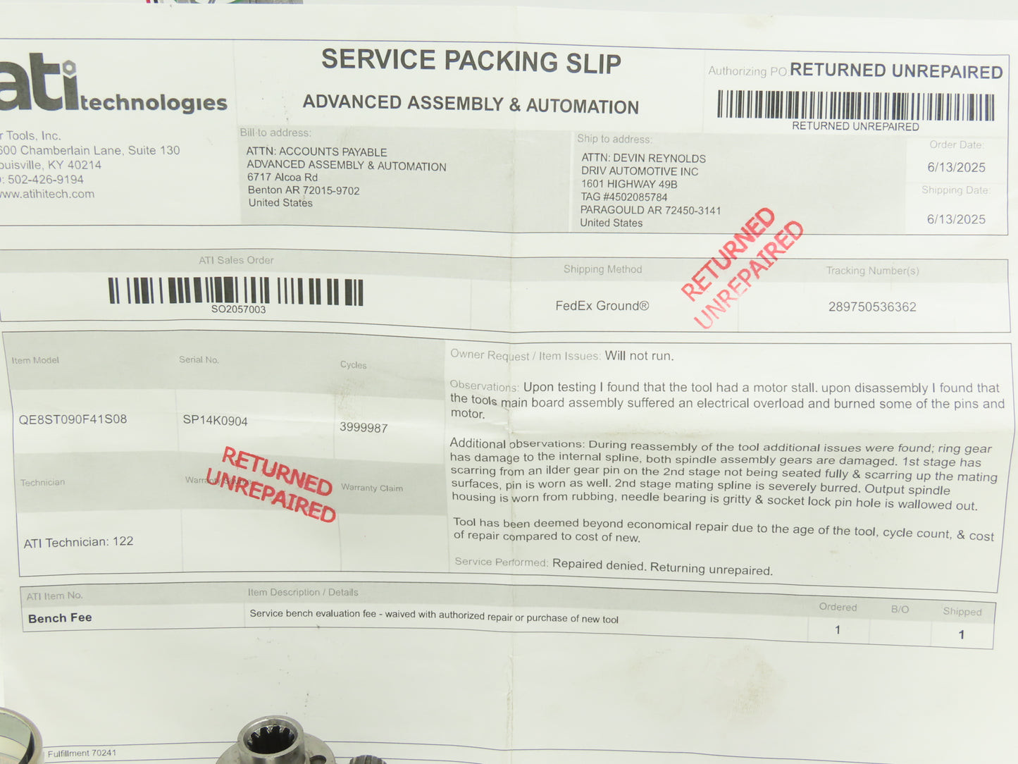 IR Ingersoll Rand QE8ST090F41S08 Inline Nutrunner *Parts or Repair*