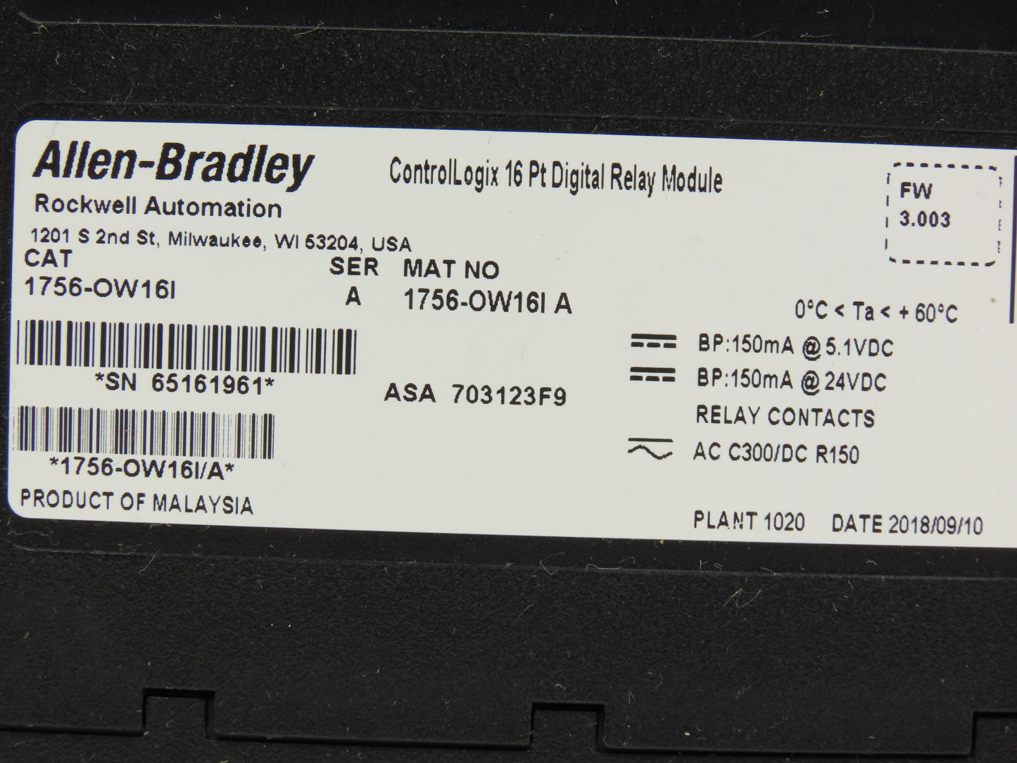 Allen Bradley 1756-OW16I ControlLogix 16PT Relay Output 24VDC Ser A FW 3.003