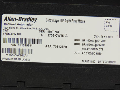 Allen Bradley 1756-OW16I ControlLogix 16PT Relay Output 24VDC Ser A FW 3.003