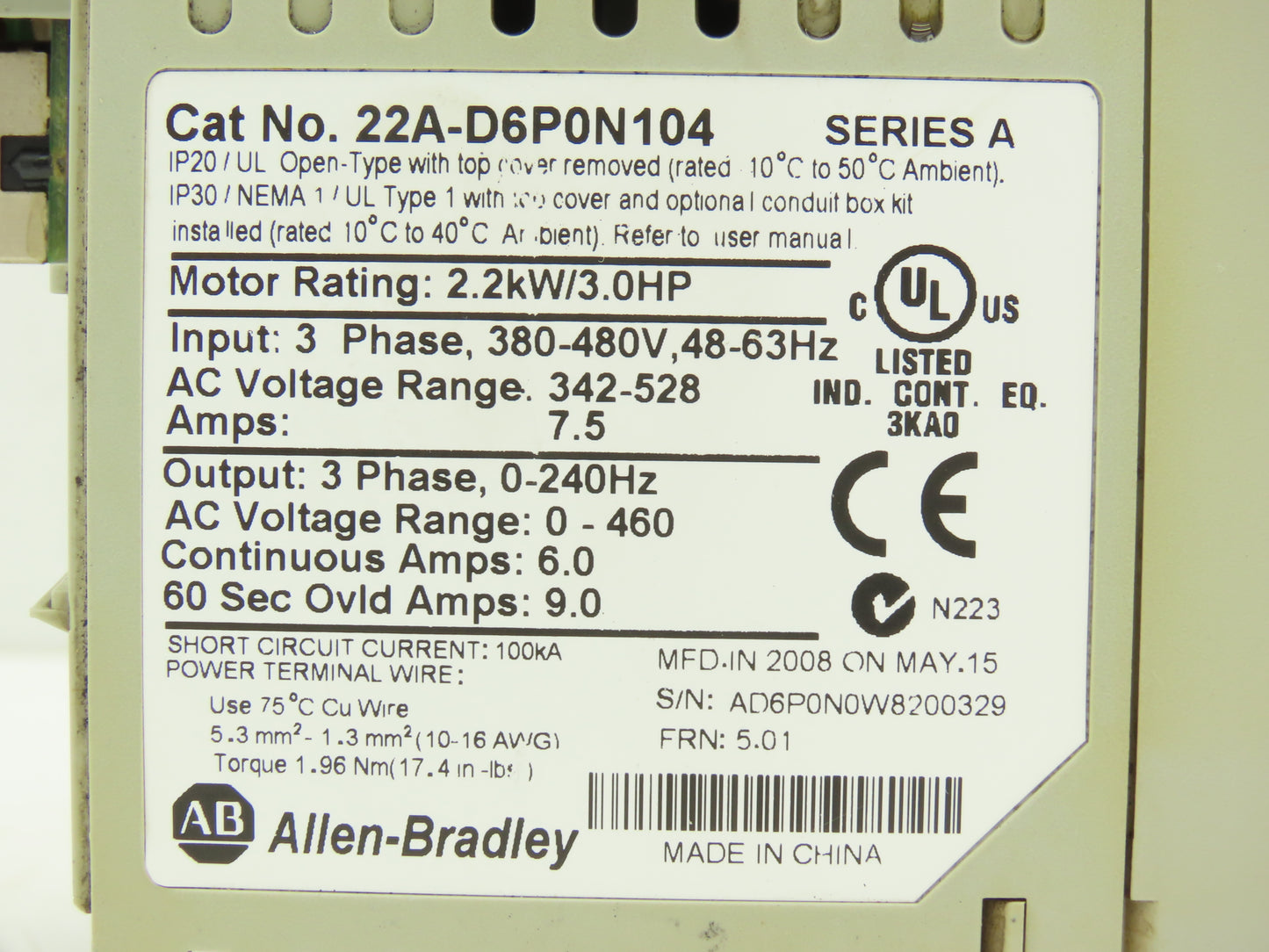 Allen Bradley 22A-D6P0N104 PowerFlex 4 AC Drive VFD 3Hp 480V 3PH Ser A FRN 5.01