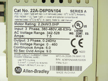 Allen Bradley 22A-D6P0N104 PowerFlex 4 AC Drive VFD 3Hp 480V 3PH Ser A FRN 5.01