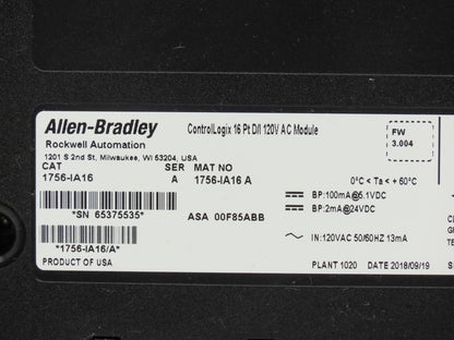 Allen Bradley 1756-IA16 A ControlLogix PLC AC Input Module 16PT Ser A FW 3.004
