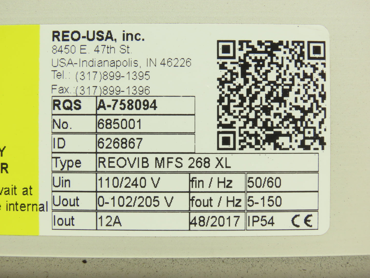 REO USA REOVIB MFS 268 XL Vibratory Conveyor Frequency Converter 110/240V