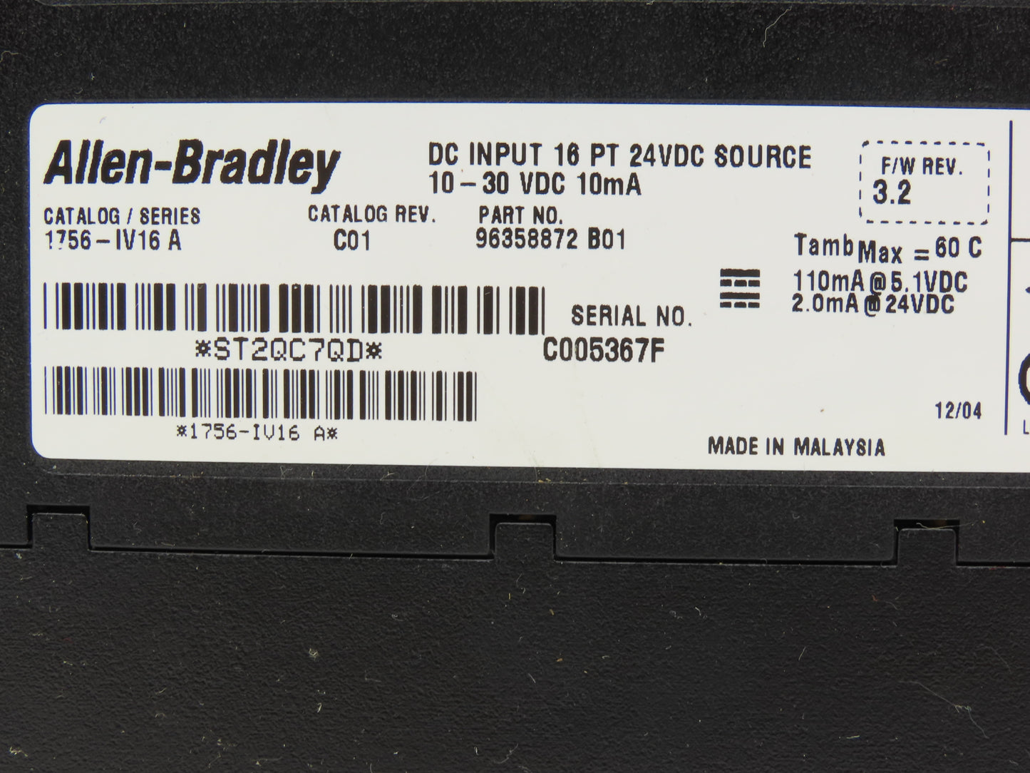Allen Bradley 1756-IV16A ControlLogix PLC DC Input Module 16PT Rev C01 FW 3.2