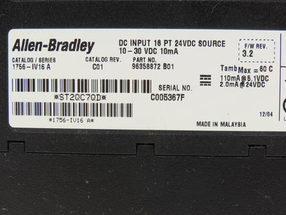 Allen Bradley 1756-IV16A ControlLogix PLC DC Input Module 16PT Rev C01 FW 3.2
