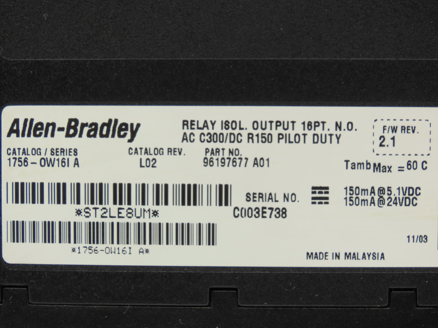 Allen Bradley 1756-0W16I A ControlLogix 16PT Relay Output 	Rev L02  Ser A FW 2.1