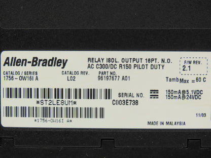 Allen Bradley 1756-0W16I A ControlLogix 16PT Relay Output 	Rev L02  Ser A FW 2.1