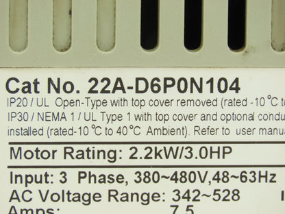 Allen Bradley 22A-D6P0N104 PowerFlex 4 AC Drive Variable Speed VFD 3Hp 480V 3PH