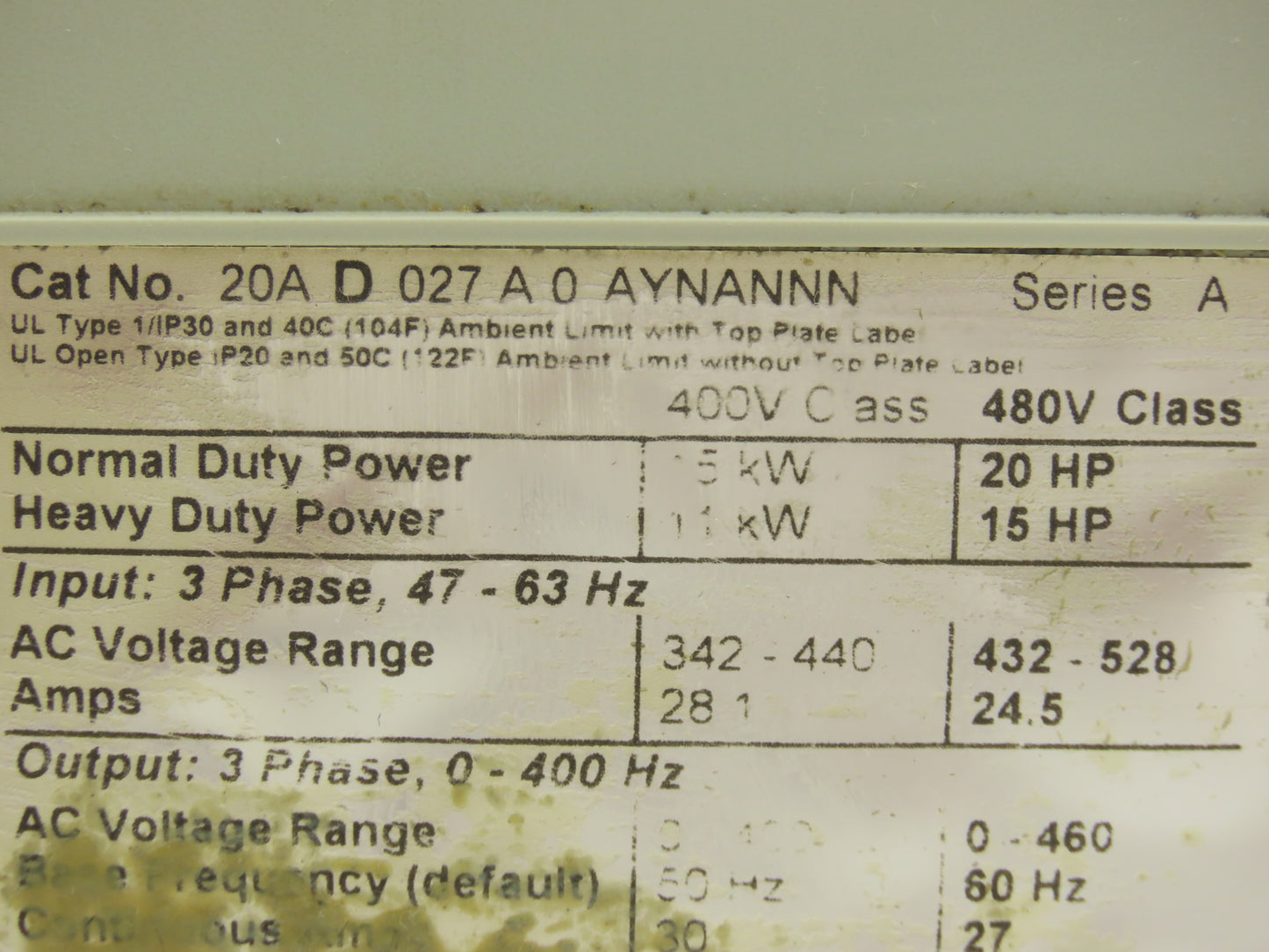 Allen Bradley 20A D 027 A 0 AYNANNN PowerFlex 70 VFD 20Hp 480V 3Ph 20A Ser A