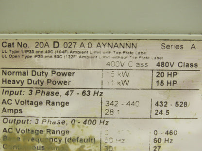 Allen Bradley 20A D 027 A 0 AYNANNN PowerFlex 70 VFD 20Hp 480V 3Ph 20A Ser A